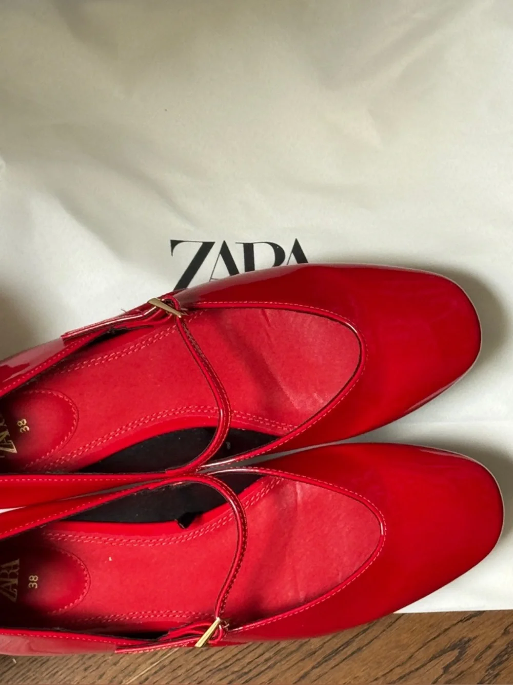 ZARA FAUX PATENT BALLET FLATS WITH ANKLE STRAP size 38 - Picture 1 of 9